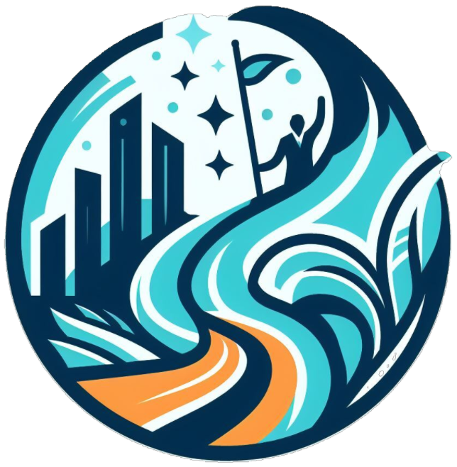 Pathfinder waving on an orange path, standing in front of cityscape